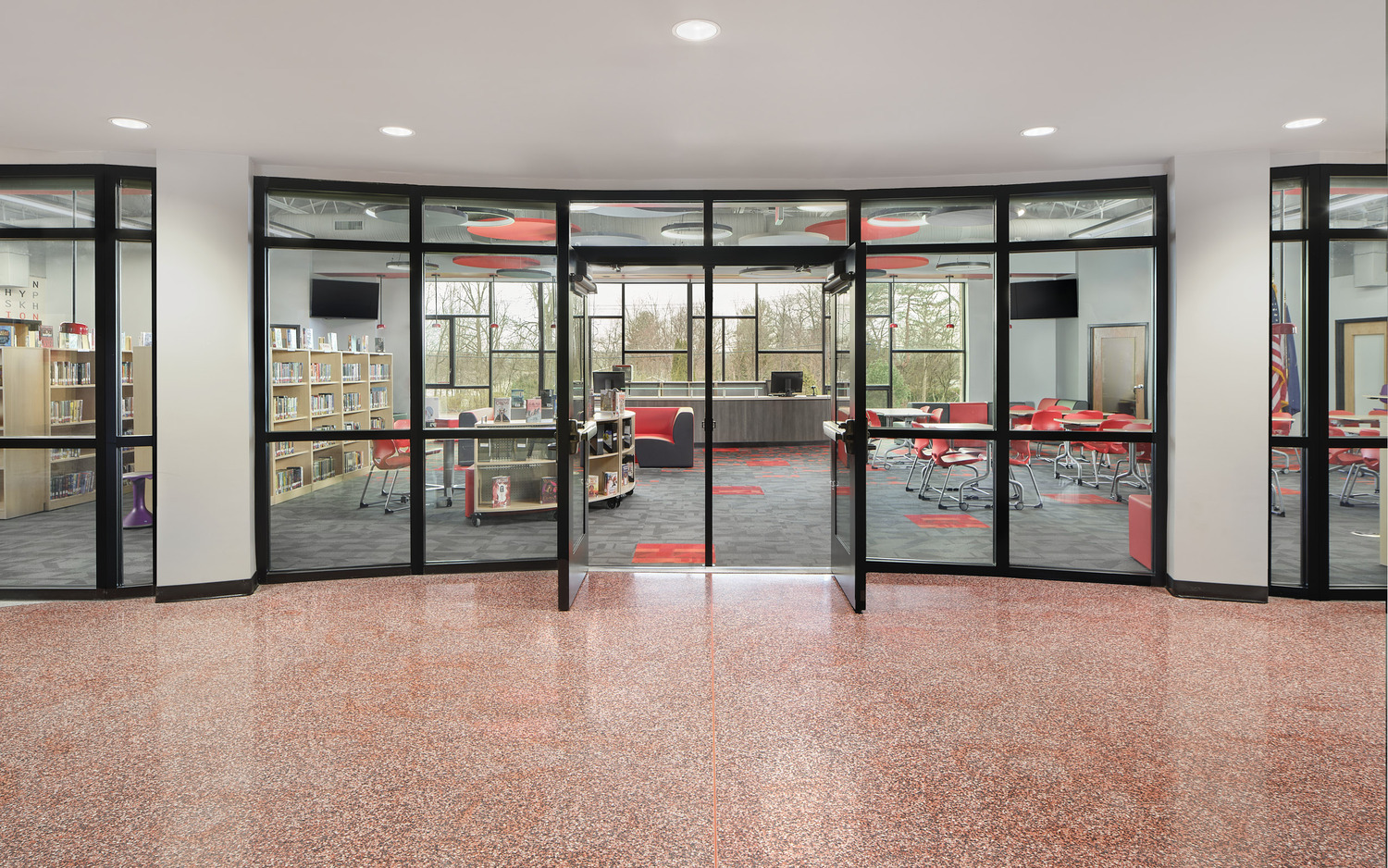 Image of open doors leading into a library