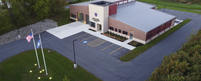 Exterior, aerial view of Batavia Fire Hall