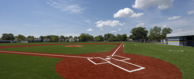 Standing behind home base on the new softball field, which is marked with a red circle of turf and white markings.