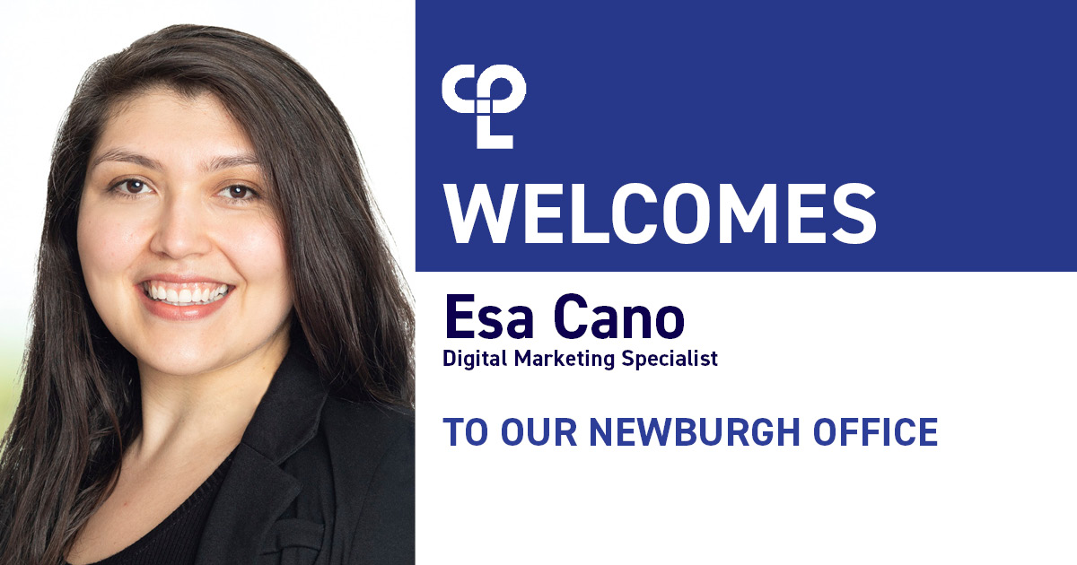 a woman with long brown hair smiling. On the right it reads "CPL Welcomes Esa Cano Digital Marketing Specialist to our Newburgh Office"