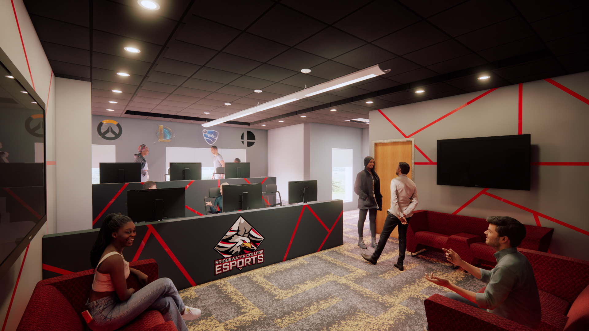 Image shows a rendering of Bridgewater College's esports area comprising of a room with multiple computer screens and a lounging area with a large tv