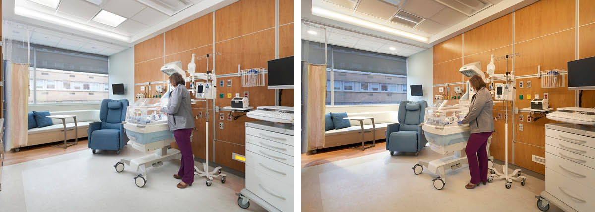 A side-by-side of two versions of a healthcare professional looking after an infant in an observation room, one using typical artificial light and one using circadian light.