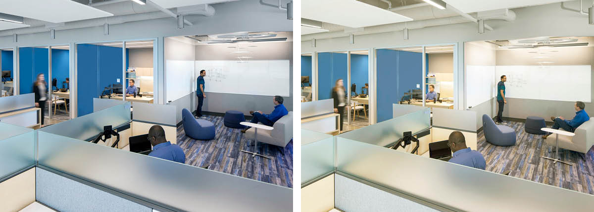 A side-by-side of two versions of an office setting with people working, one using typical artificial light and one using circadian light.