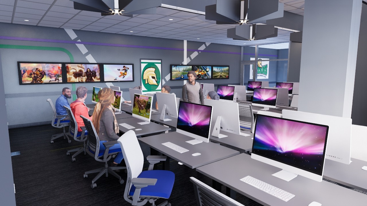 Rendering of Guilford Technical Community College e-sports room comprising of many computers on desks in a room with screens on the walls.