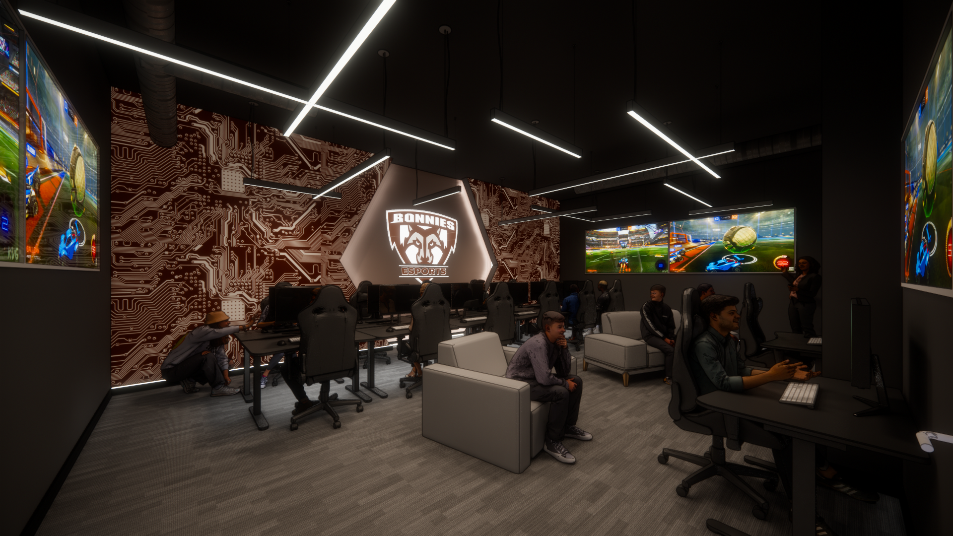 Image is a rendering of St. Bonaventure's esports gaming room with computer stations and lounging chairs located nearby with screens on the walls.