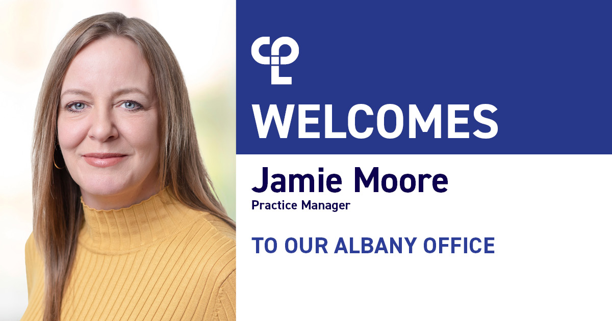 Graphic showing on the left a white woman smiling wearing a yellow sweater, smiling. On the right it reads "CPL Welcomes Jamie Moore Practice Manager to our Albany Office"