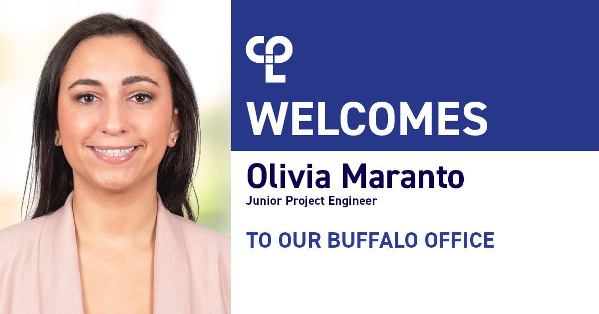 Graphic showing on the left a woman presenting person smiling wearing a pink cardigan. On the right it reads "CPL Welcomes Olivia Maranto Junior Project Engineer to our Buffalo Office"
