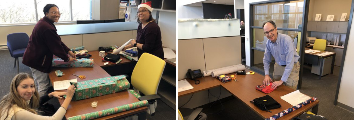 The graphic shows two images side by side. The image on the left shows three women wrapping holiday presents at an office desk. One woman is standing on the right wearing a Santa hat and holding wrapping paper. The next women is standing on the left of the desk wrapping a gift and kneeling next to her is and wrapping a gift. On the right side there's an image of a man wearing a blue shirt and wrapping a gift at an office desk at CPL Pittsburgh.