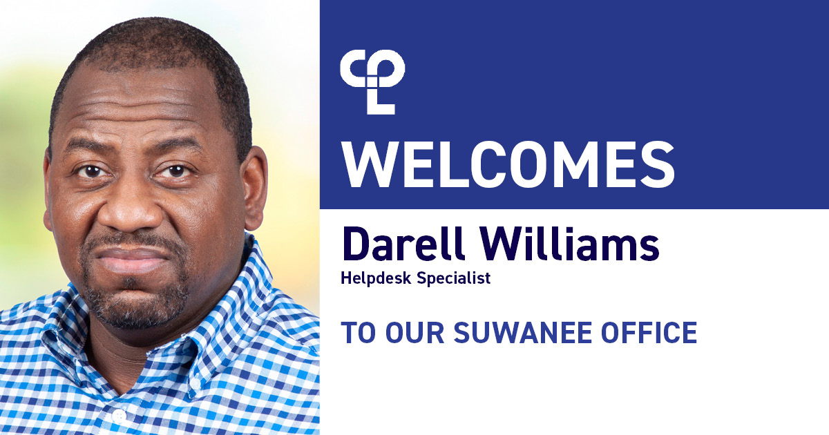 On the left side the graphic shows a Black man smiling, wearing a blue and white plaid button-up shirt. On the right it reads "CPL Welcomes Darell Williams, Helpdesk Specialist to our Suwanee Office"
