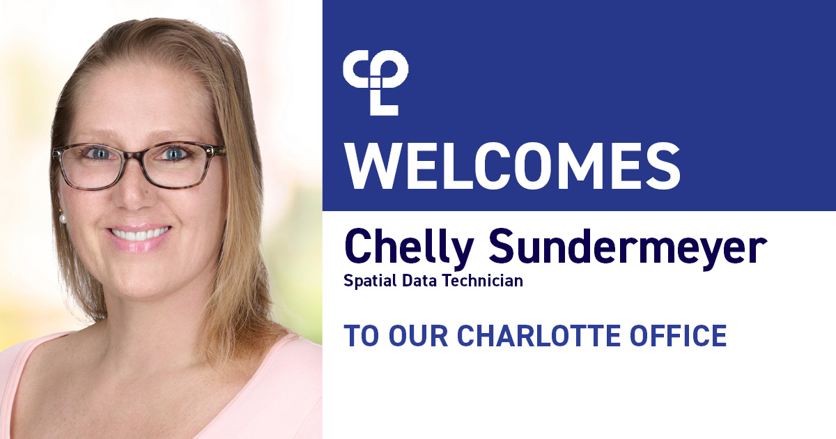 Graphic shows an image of a white woman with blonde hair and blue eyes, wearing a pink shirt on the left. She is smiling. On the right it reads "CPL welcomes Chelly Sundermeyer, Spatial Data Technician to our Charlotte Office" 