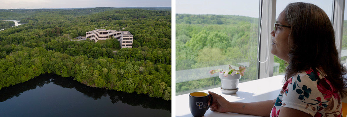 Image has two images. On the left is an aerial view of the office building where CPL Westchester is located. It shows a large gray building nestled in woods with a river nearby. On the right is an image of a woman with dark hair and brown skin wearing a floral dress looking out of the office window at the view.