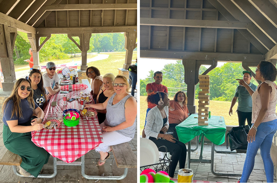 Images show the people of CPL Westchester having a picnic outdoors together under a pavilion. 
