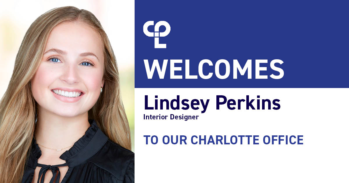Image shows a white woman with blonde hair and blue eyes smiling. She has long hair and is wearing a black shirt. The right side of the graphic reads "CPL Welcomes Lindsey Perkins Interior Designer To Our Charlotte Office"