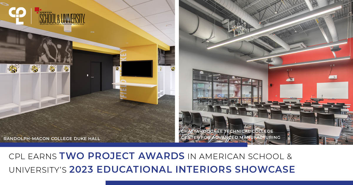 Two images are shown side by side. The left side is a black and gold locker room. On the right side is a classroom in an industrial setting. The CPL logo is in the top left corner and next to it is the American School & University logo. At the bottom is reads "CPL earns Two project awards in American School & University’s 2023 Educational Interiors Showcase