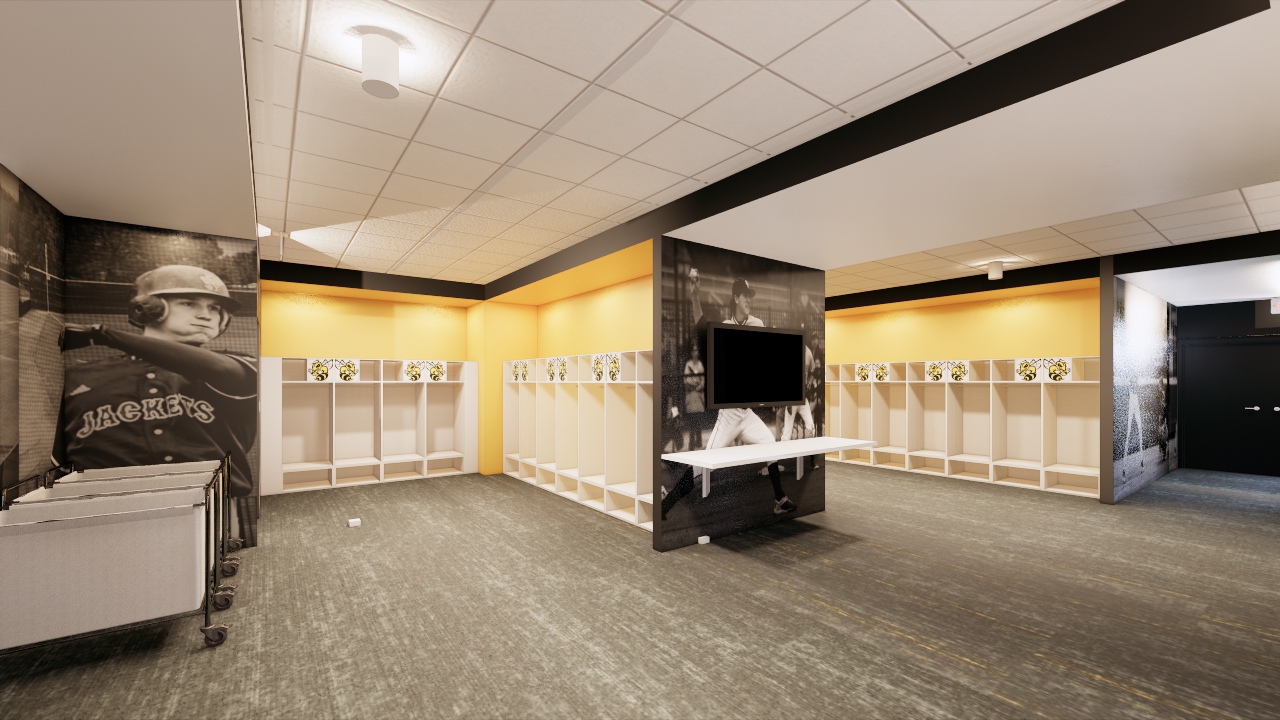 The interior of a gold and black locker room design is shown. There are white cubbies with bee logos above them. Men playing baseball are shown next to the cubbies.
