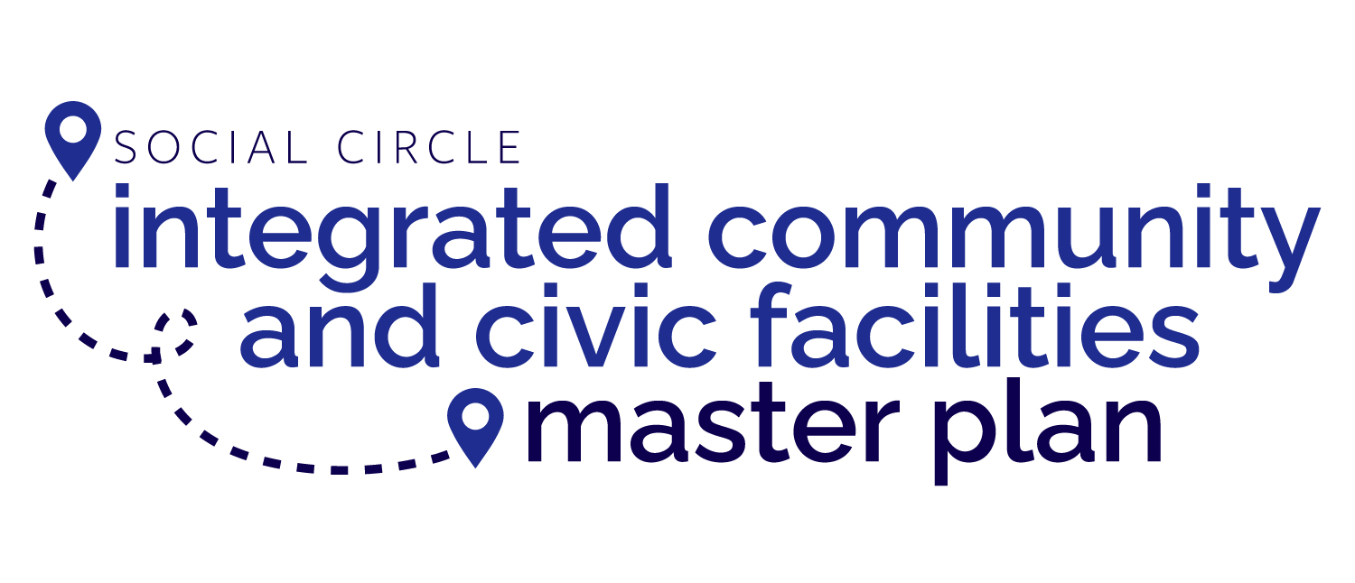 Logo for a municipal master plan, "Social Circle Integrated Community and Civic Facilities Master Plan" written in bold, blue lowercase font with two map markers and a dotted line