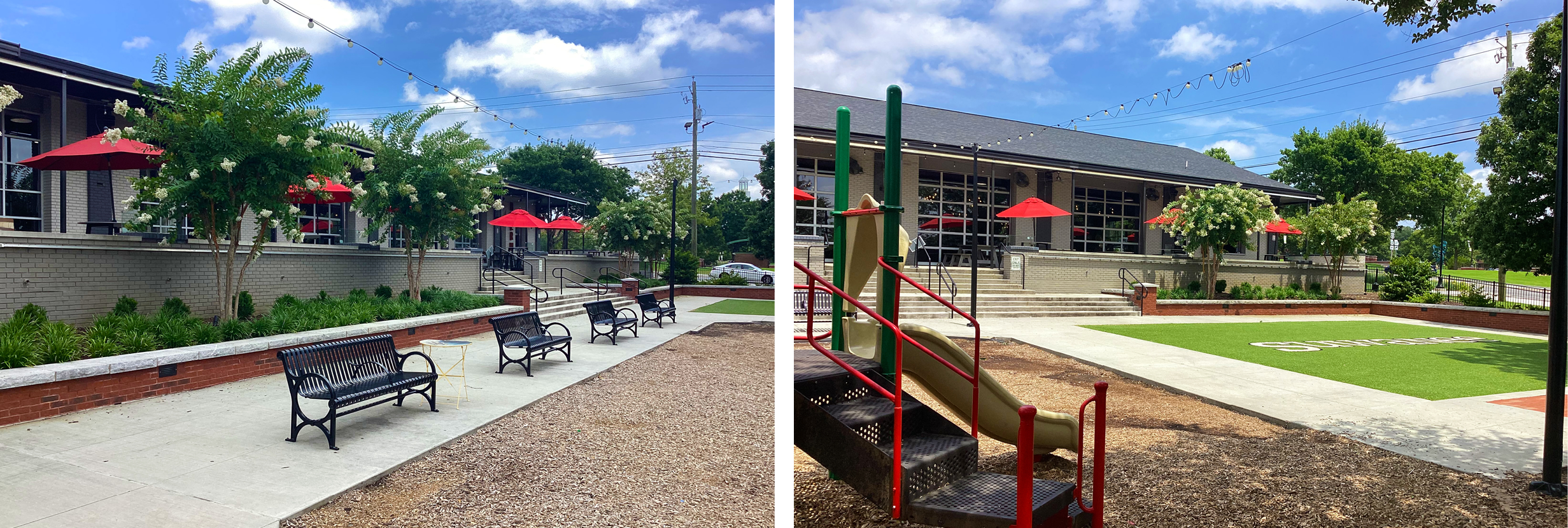 two images of the Suwanee Station Park side by side. On the left is metal benches with large flowering trees behind them and tables with umbrellas in the background. On the right is A grassy courtyard that reads "Suwanee" next to a playground.