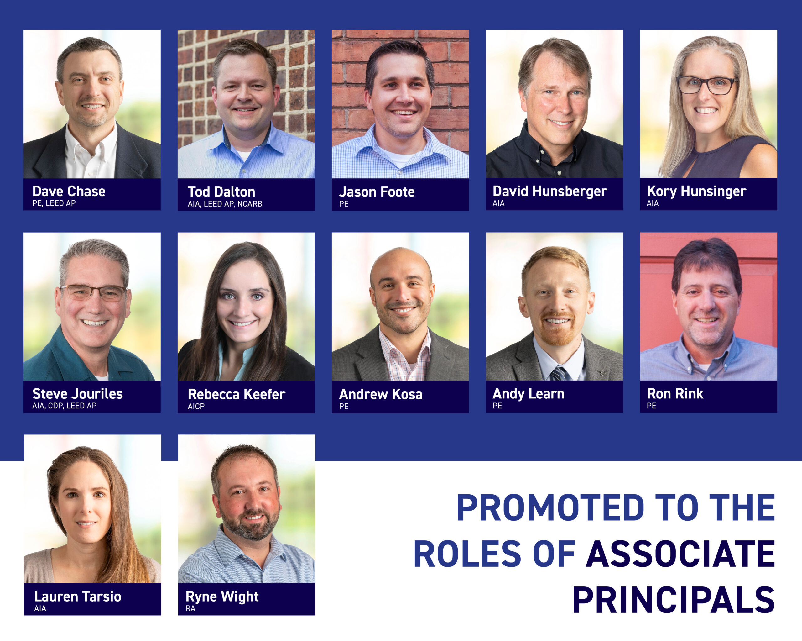 Image shows 12 headshots with names and titles below. On the right bottom side it reads "Promoted to the roles of Associate Principals"