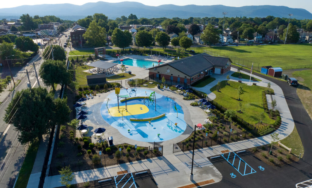 Drone shot of Delano Hitch aquatic center in Newburgh