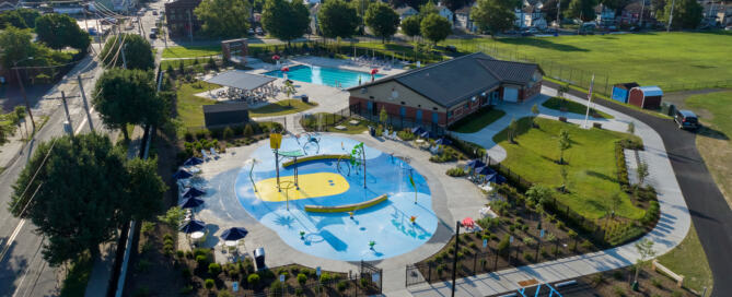 Drone shot of Delano Hitch aquatic center in Newburgh