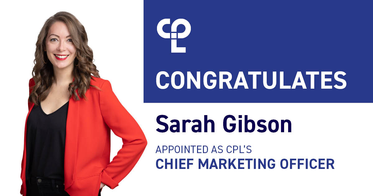 A woman smiling with red lipstick and a red blazer is on the left. On the right it reads "CPL Congratulates Sarah Gibson Appointed as CPL's Chief Marketing Officer"