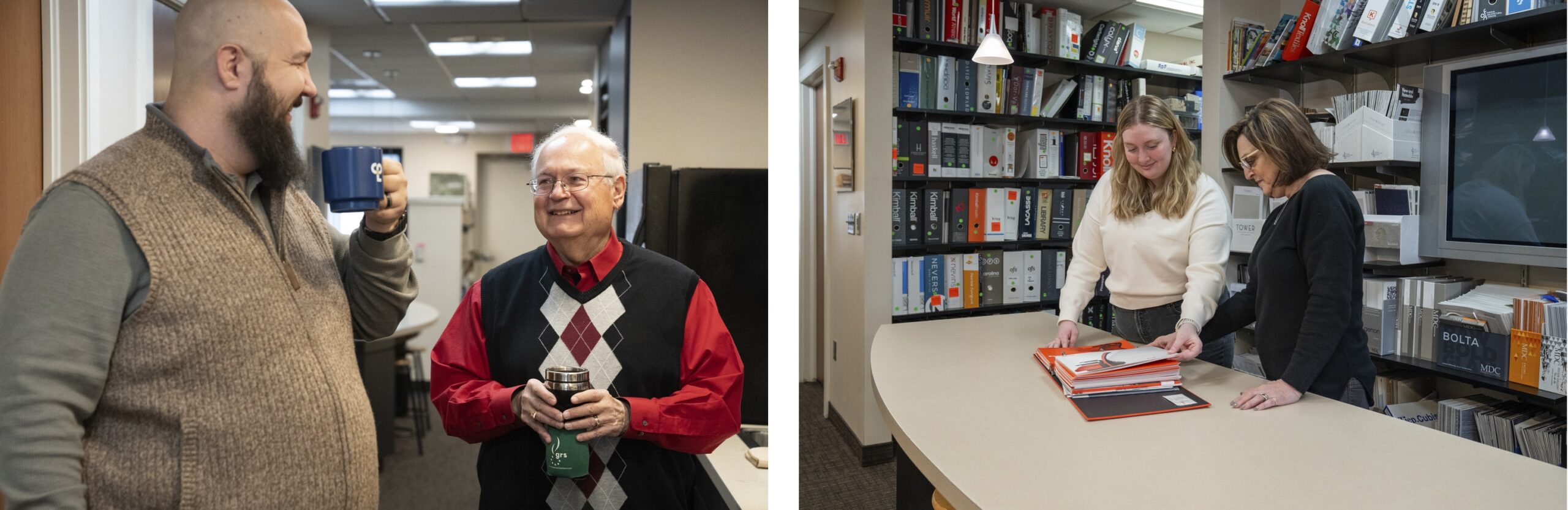 Two images side by side. On the left, two smiling men in business casual attire drinking coffee at work. On the right, two women standing at a table, engaged in conversation and examining documents in the office's interior design library.
