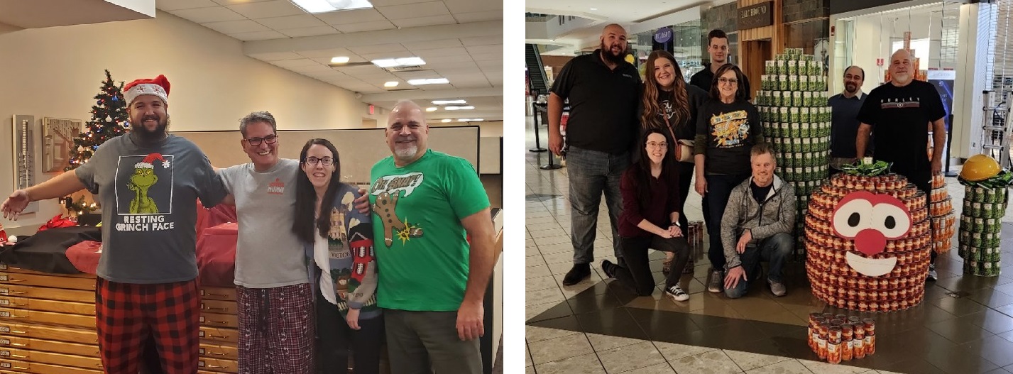 Two images side by side. On the left, CPL Berea team members donning holiday pajamas and posing for a photo within the office. On the right, a group of people posing with their 2023 CANstruction contest submission.