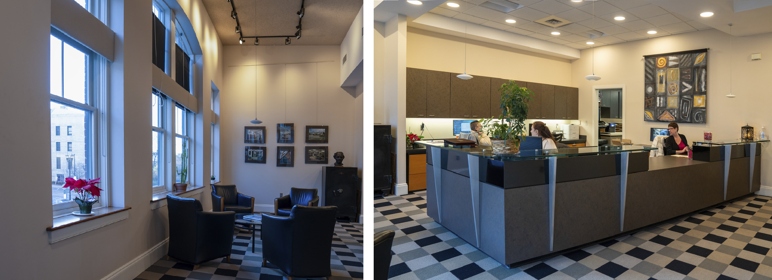 Two images side by side. On the left, an office with vaulted ceilings, modern furniture, airy light fixtures and a black-and-white checkered floor. On the right, a modern office with contemporary art, an expansive front desk and a black-and-white checkered floor.