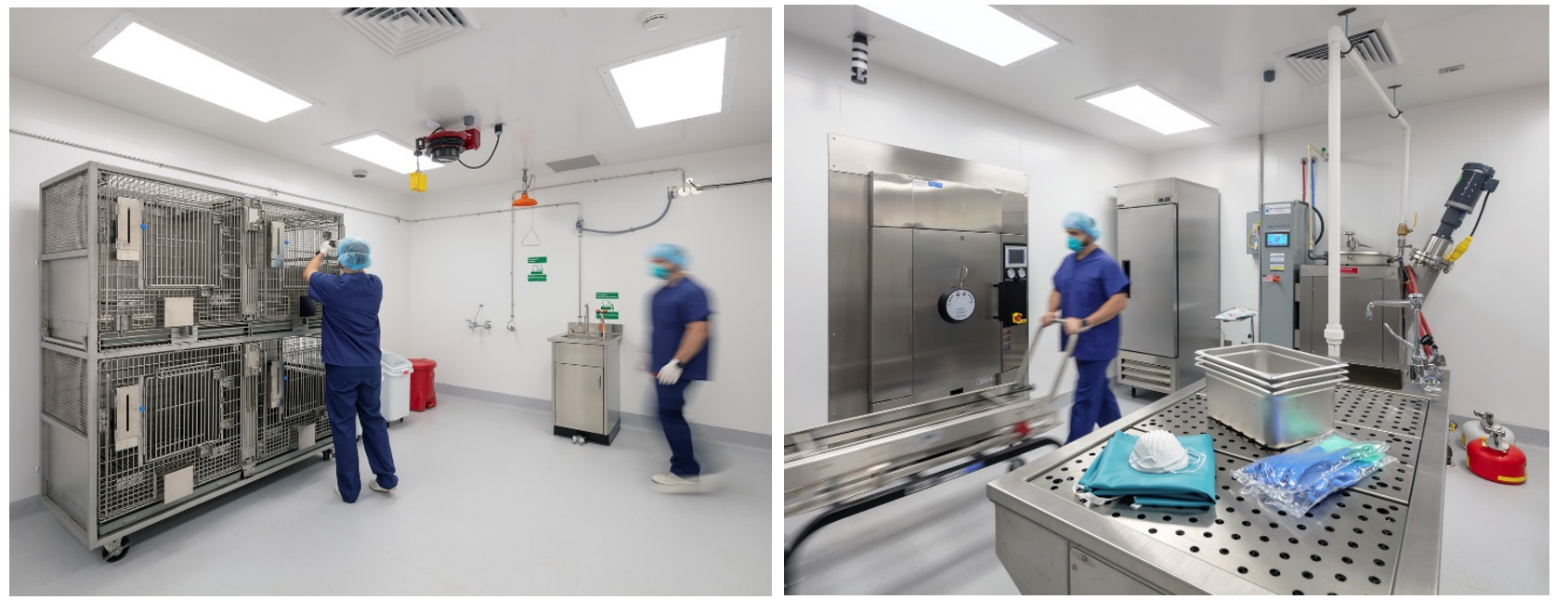 Two images side by side. The left image shows individually vented cage racks for future rodent studies, and the right image shows people within an ABSL-3 research facility.