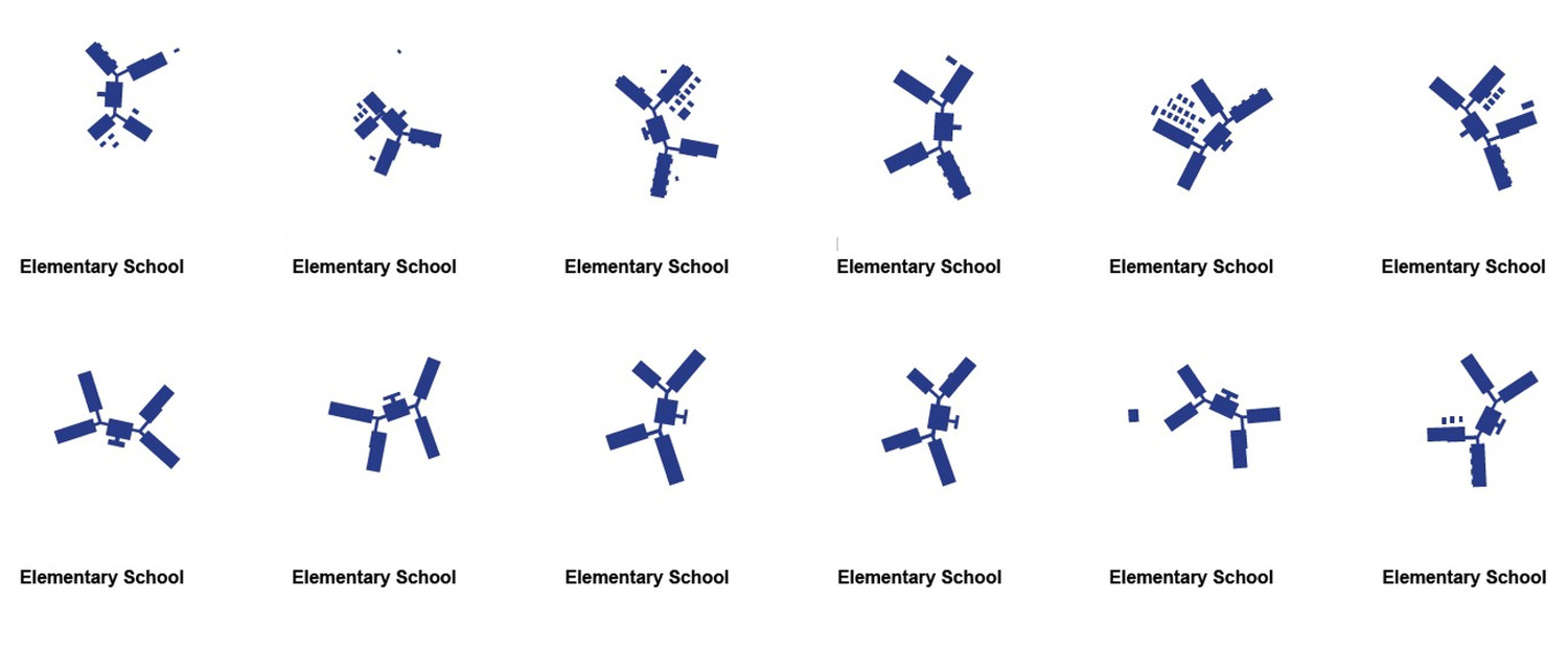 x wing configuration showing multiple school buildings