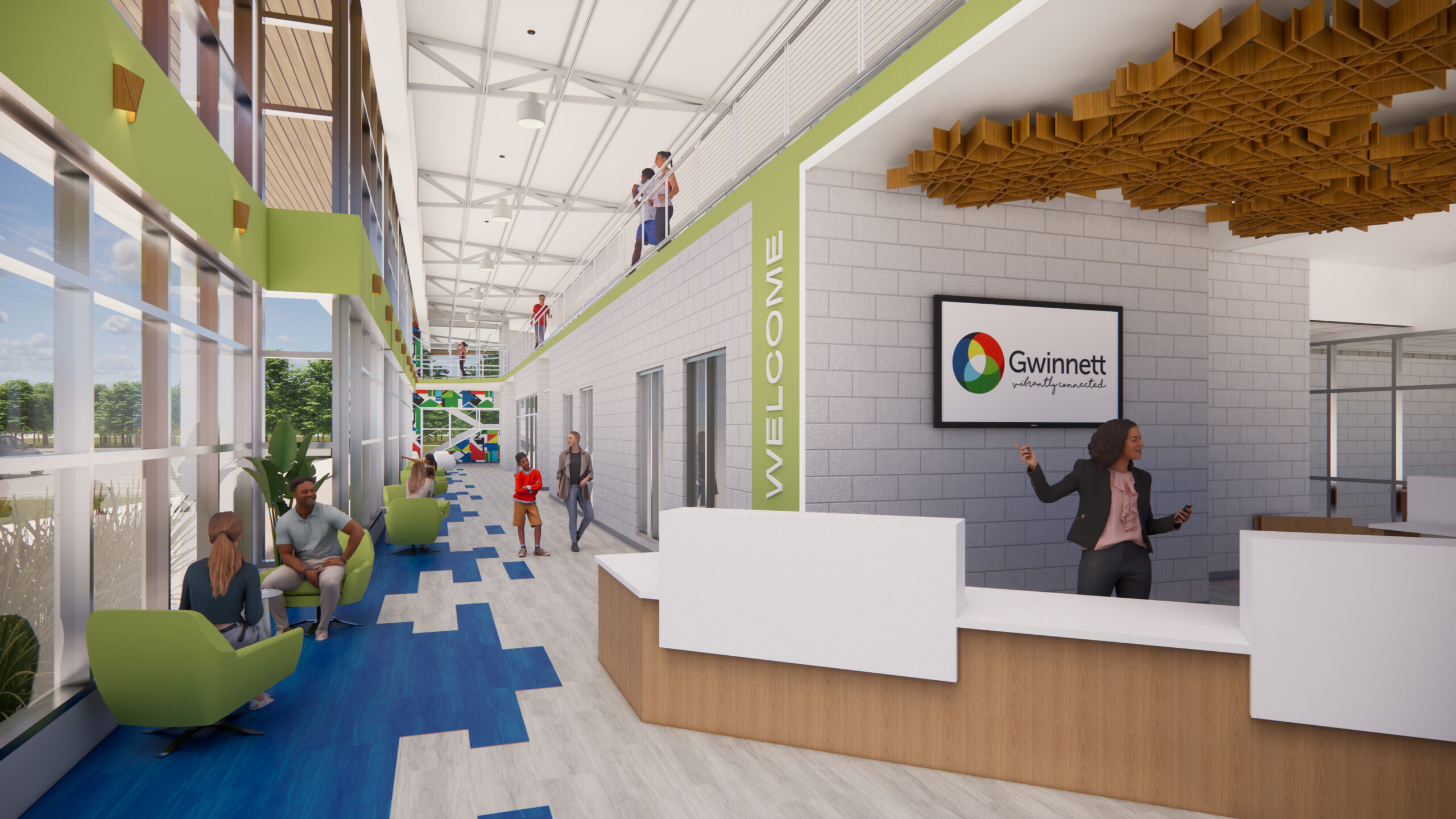A 3D rendering of a recreation center lobby, with a woman standing at a front welcome desk.