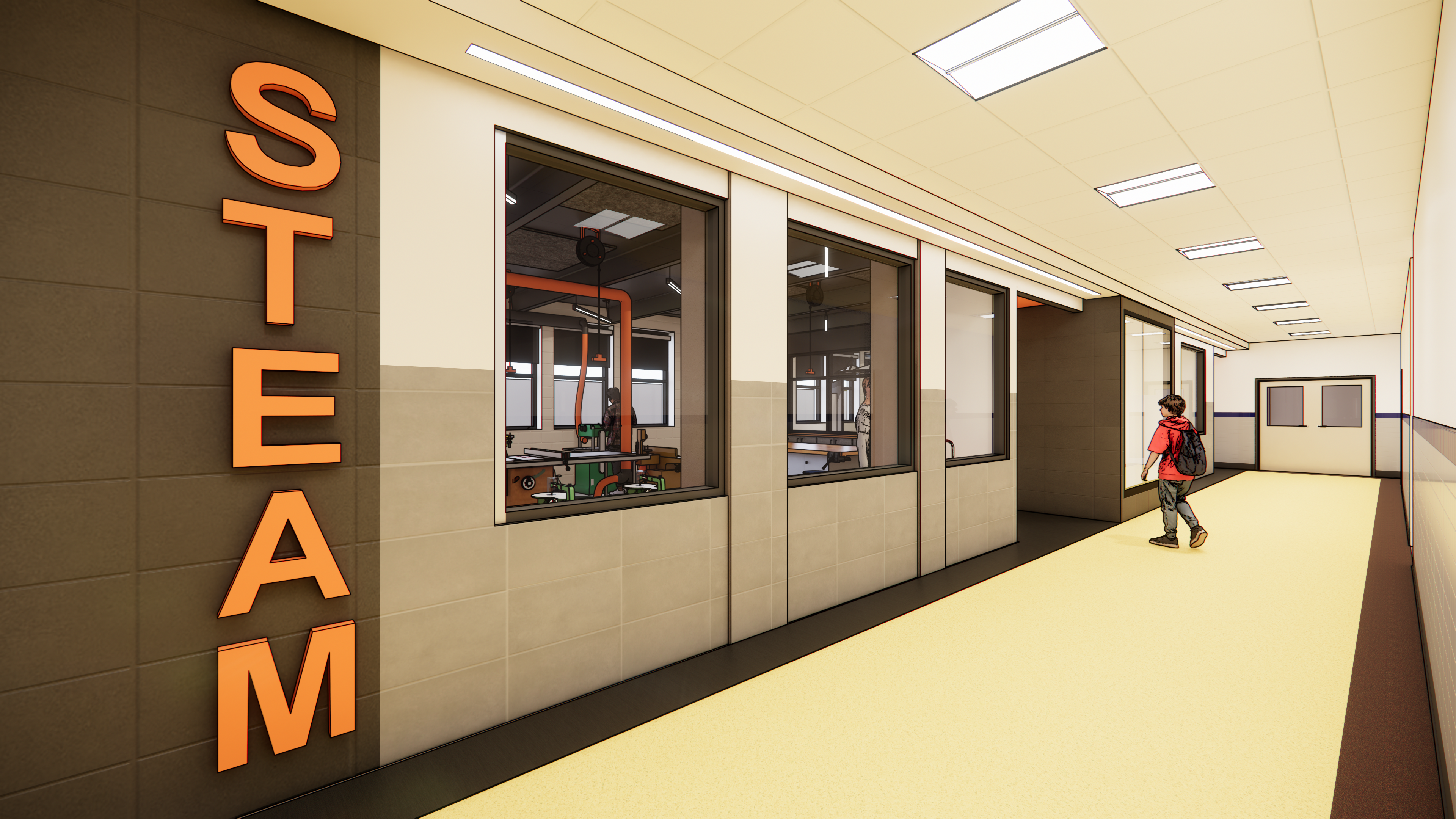 designs in progress, a rendering of a hallway with a student entering a STEAM lab