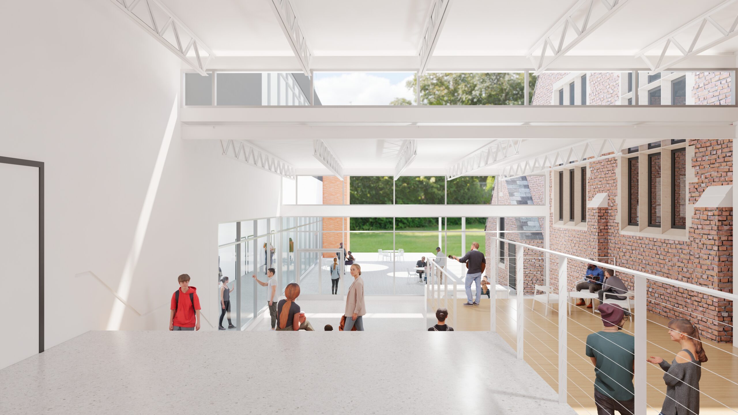 a rendering of a school hallway