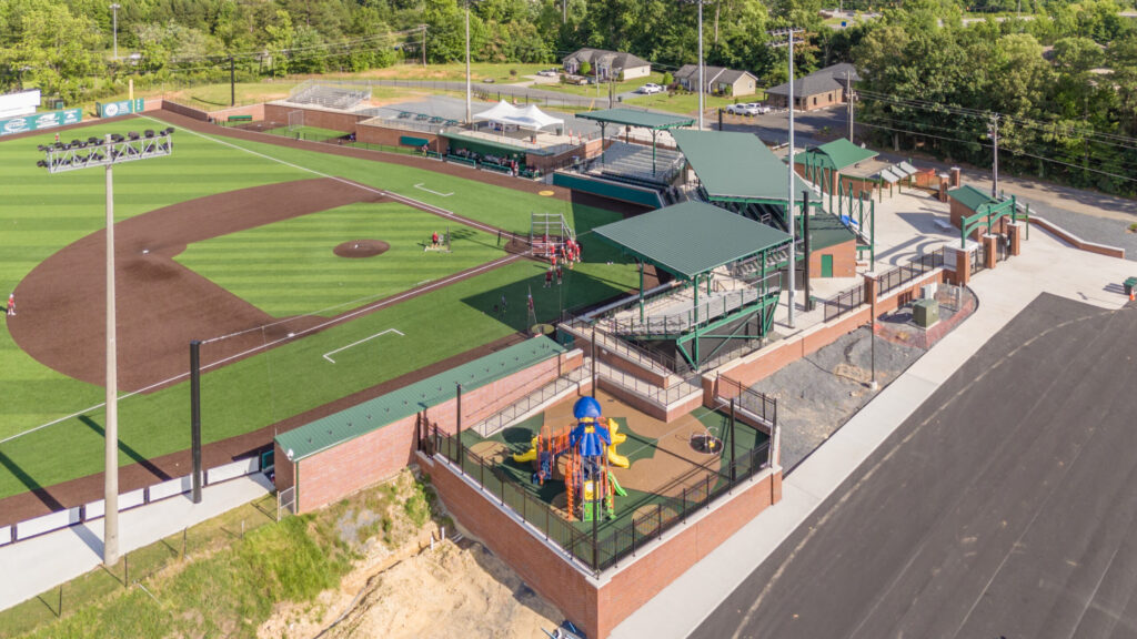 A baseball field from above, showing new stands and structures around the field highlighting McCrary Park renovations.