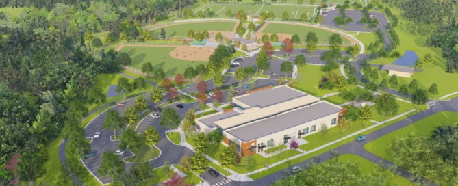 A rendering of the Cabarrus County Library and Active Living Center: a building with an ample parking lot and recreational fields in the back, surrounded by lush greenery.