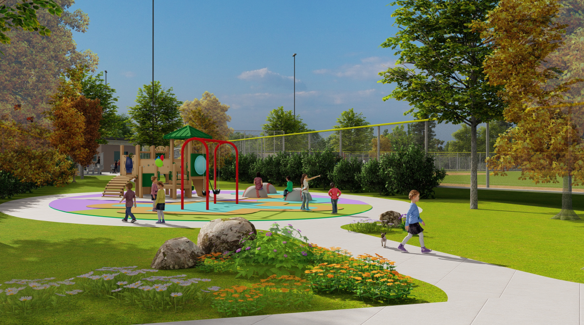 A 3D rendering of a playground with red play features, lush greenery and children interacting.