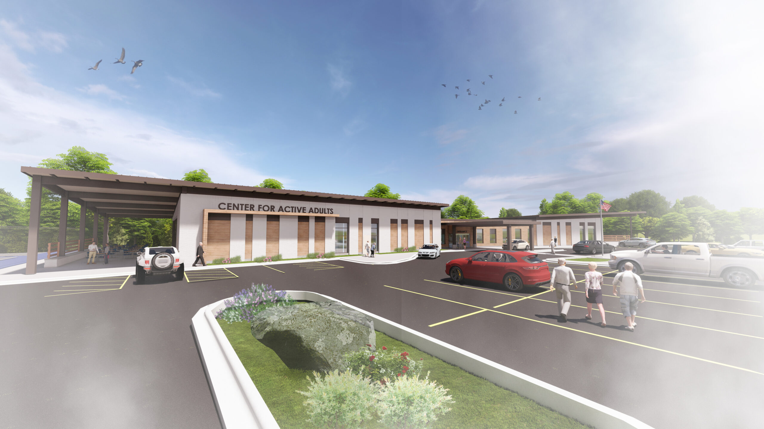 A dreamlike 3D rendering of an angled, white senior center building with a parking lot and a blue sky in the background.