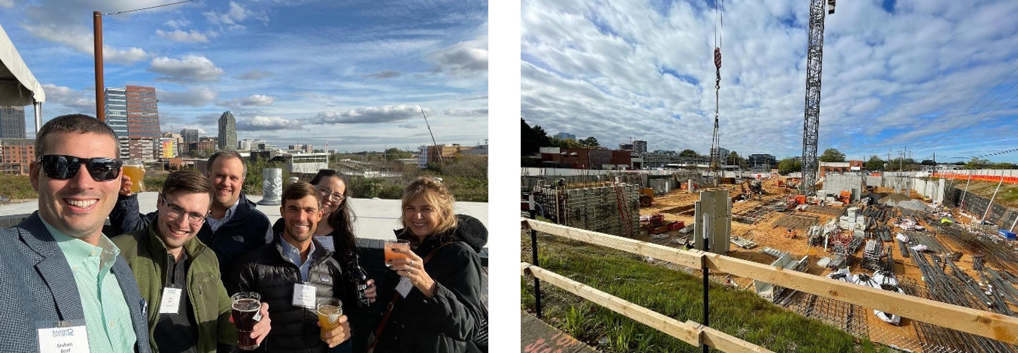 Two pictures side by side. On the left, Graham Boyd poses with other Leadership Raleigh participants in front of the Raleigh cityscape. On the right, an active construction site on a sunny day.