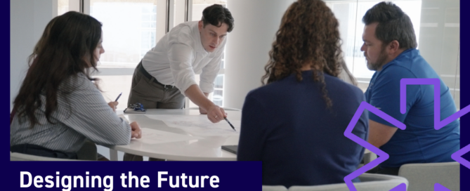 Graphic shows an image of two woman and a man sitting at a table. A man is pointing at blueprints on the table while the other people look at what he's doing. The bottom left side reads "Designing the Future of Healthcare in Florida"
