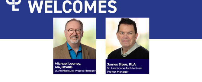 July 2024 New Hires. Two professionally-dressed men are pictured side by side, introduced as new project managers. Blue text reads "Welcomes to our Georgia offices."