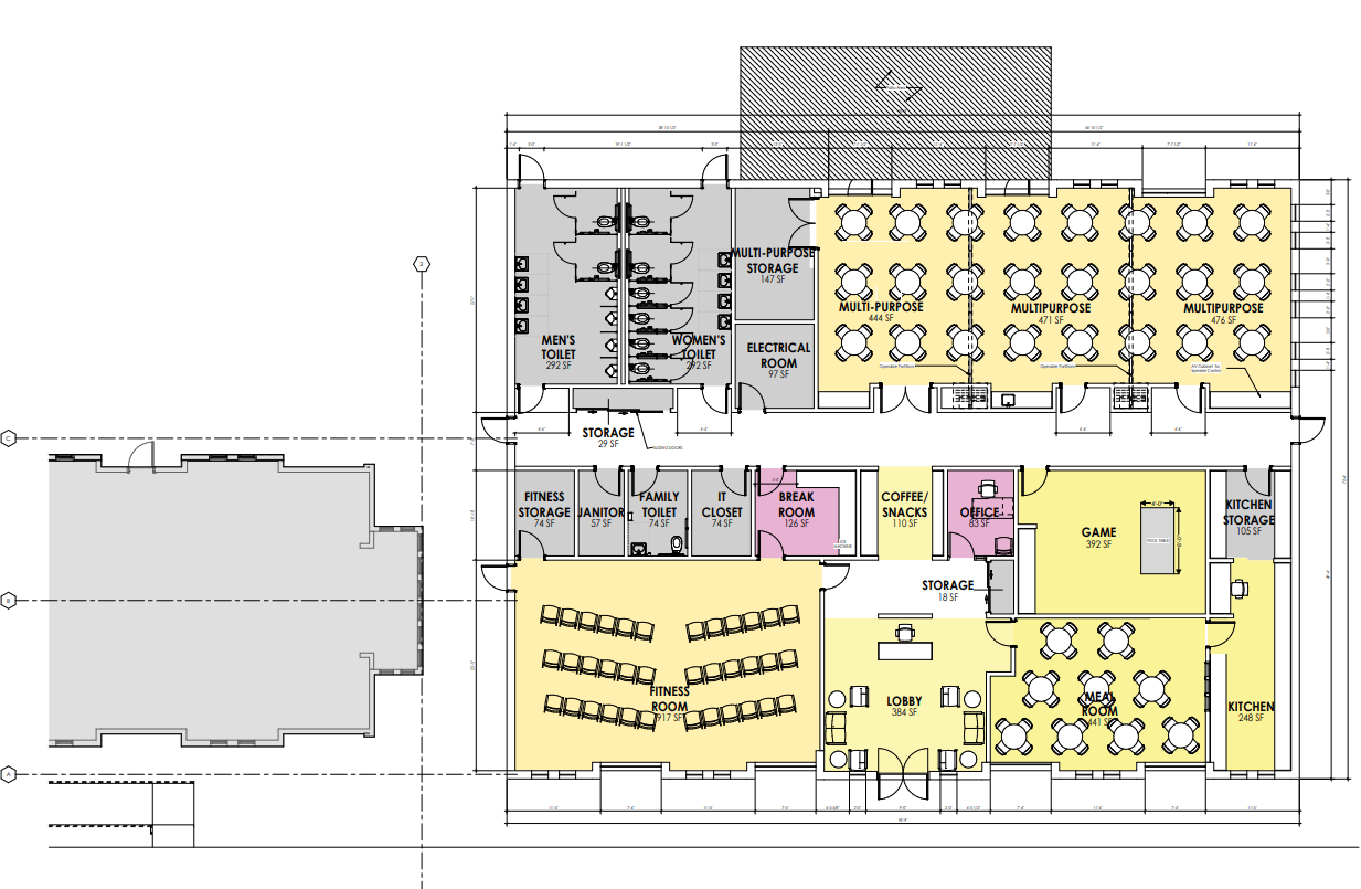 A detailed floor plan of a building featuring multipurpose rooms, a fitness room, a game room and other wellness amenities.