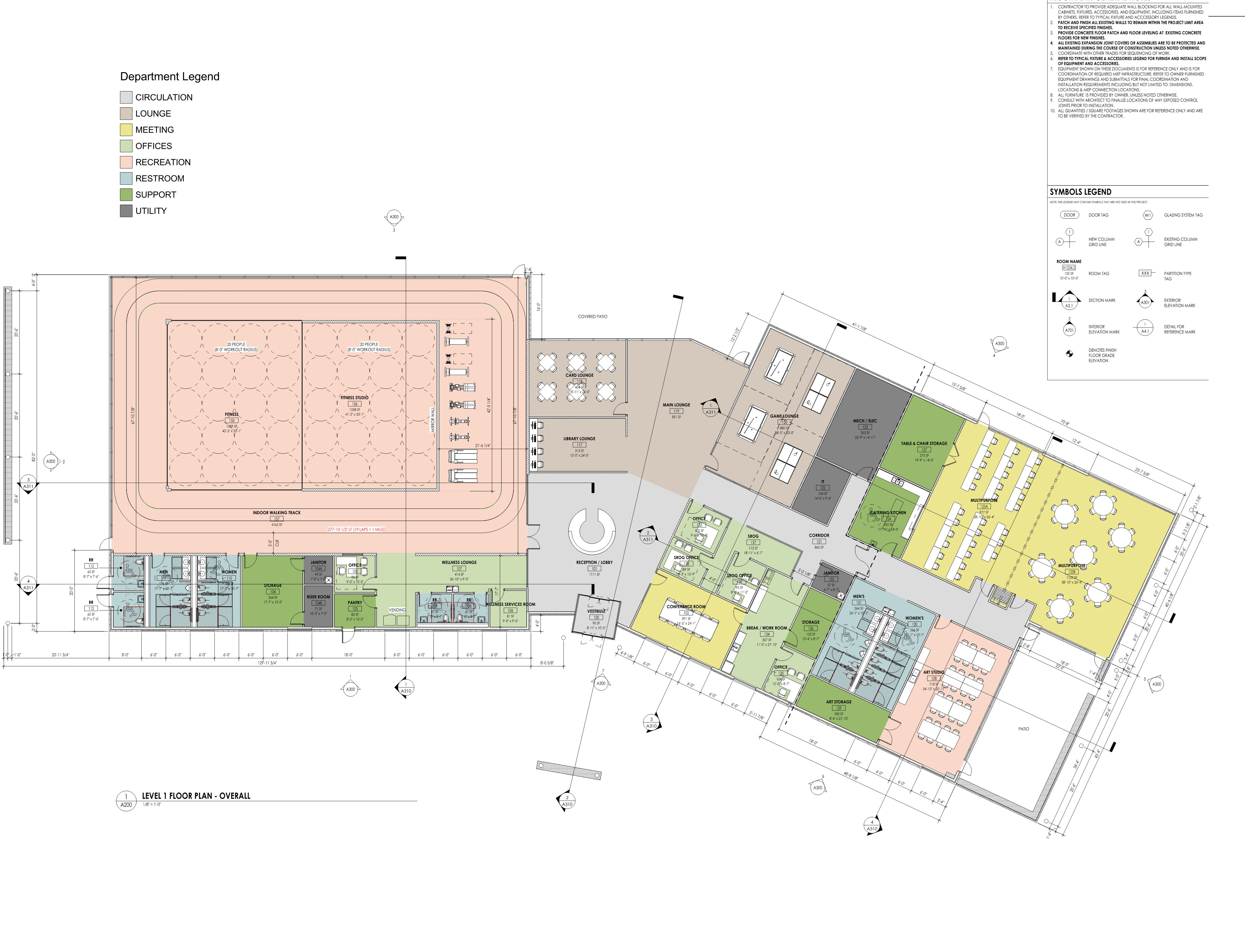 A detailed floor plan of an angled building containing exercise studios, dedicated art rooms, pickleball courts and other wellness amenities.