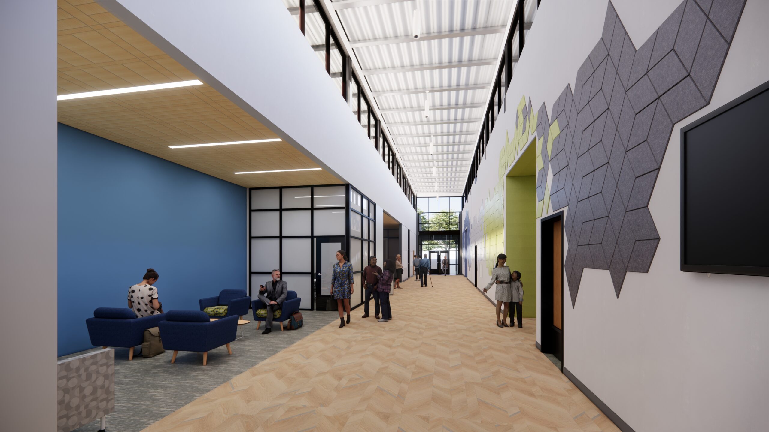 3D rendering of the interior of the future Cabarrus County Library and Active Living Center. A long hallway with bright lights, white, green and blue walls, wooden fixtures and contemporary design features.