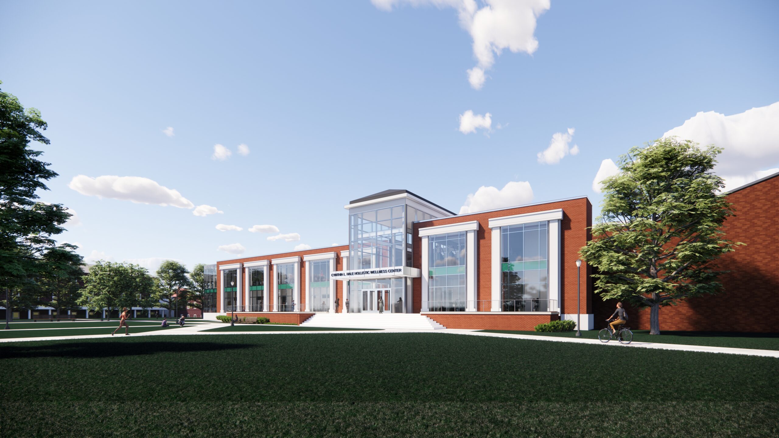 An exterior rendering of Hollins University's upcoming wellness center.