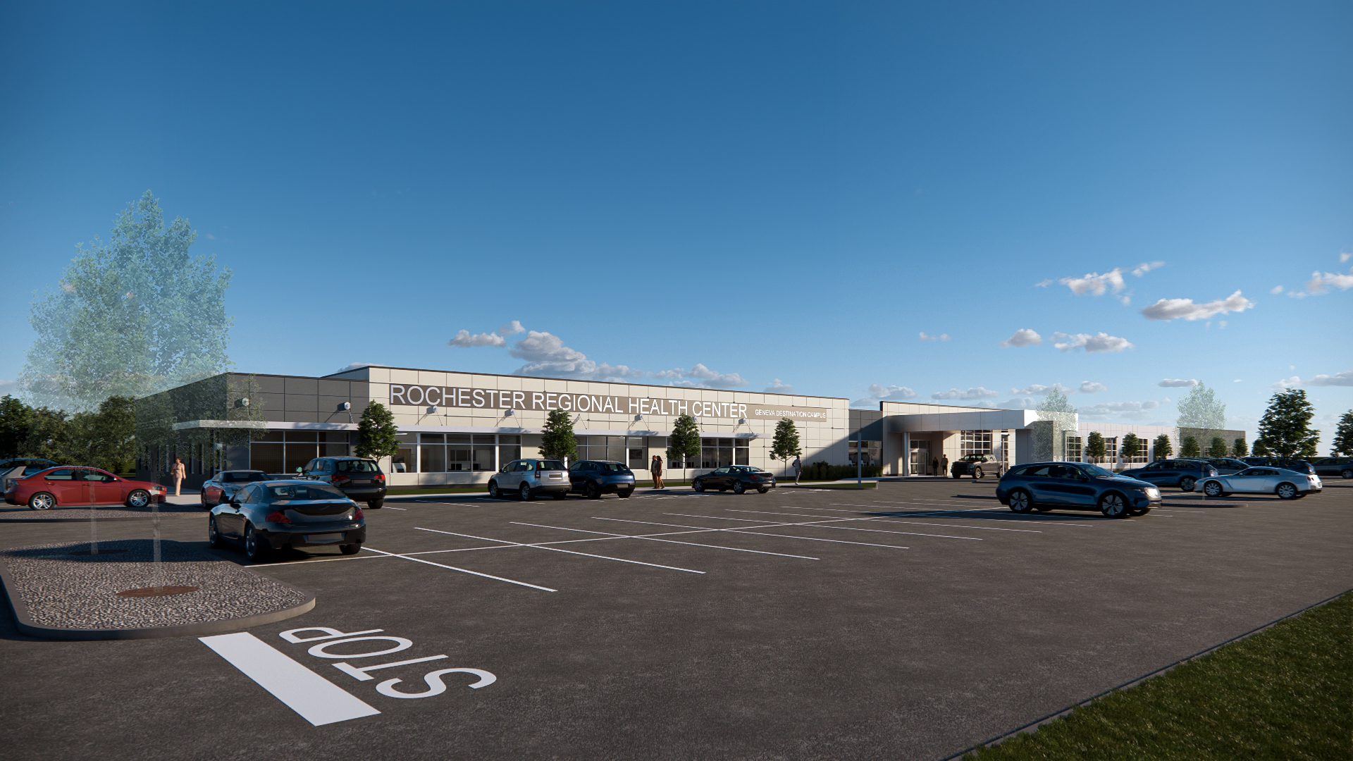 A rendering of a new medical campus - a long gray building with a parking lot, trees and a blue sky in the background.