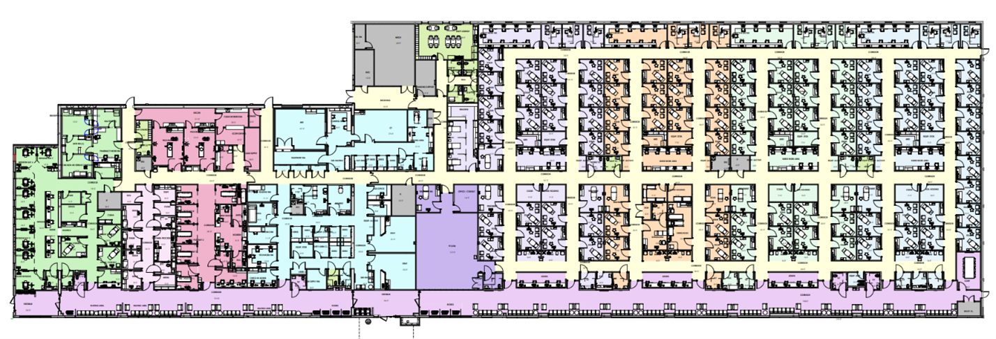 A colored floor plan of a health center, which includes women’s health, internal medicine, pediatrics, a food pantry, a nurse's station, labs, open check-in and more.