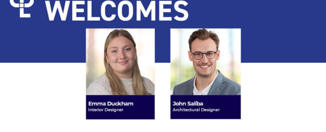 Graphic welcoming new hires at CPL's Cleveland office. Two portraits: Emma, interior designer; John, architectural designer. Professional tone.