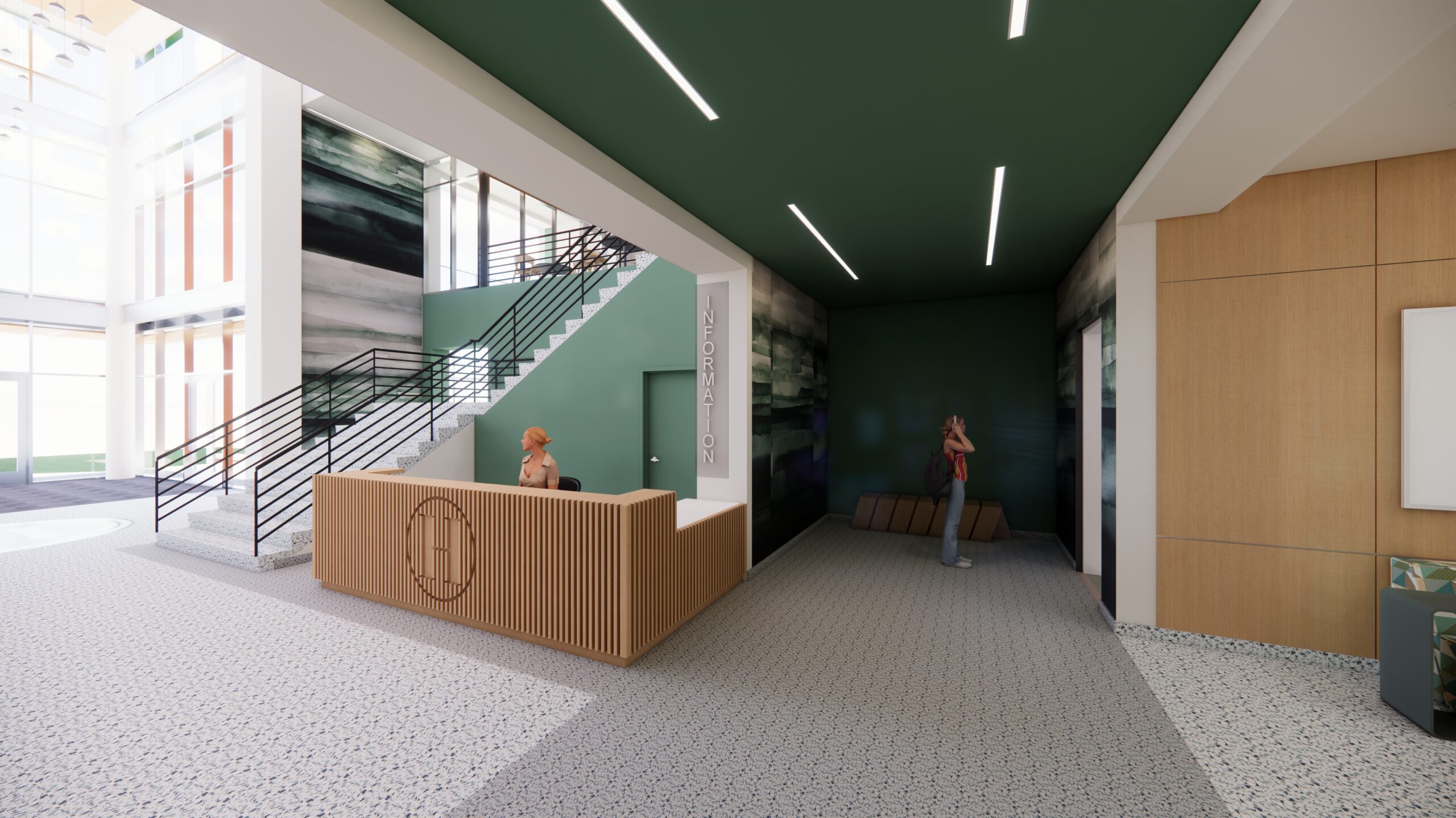 Interior rendering of an upcoming student health center at Hollins University, featuring a welcoming lobby.