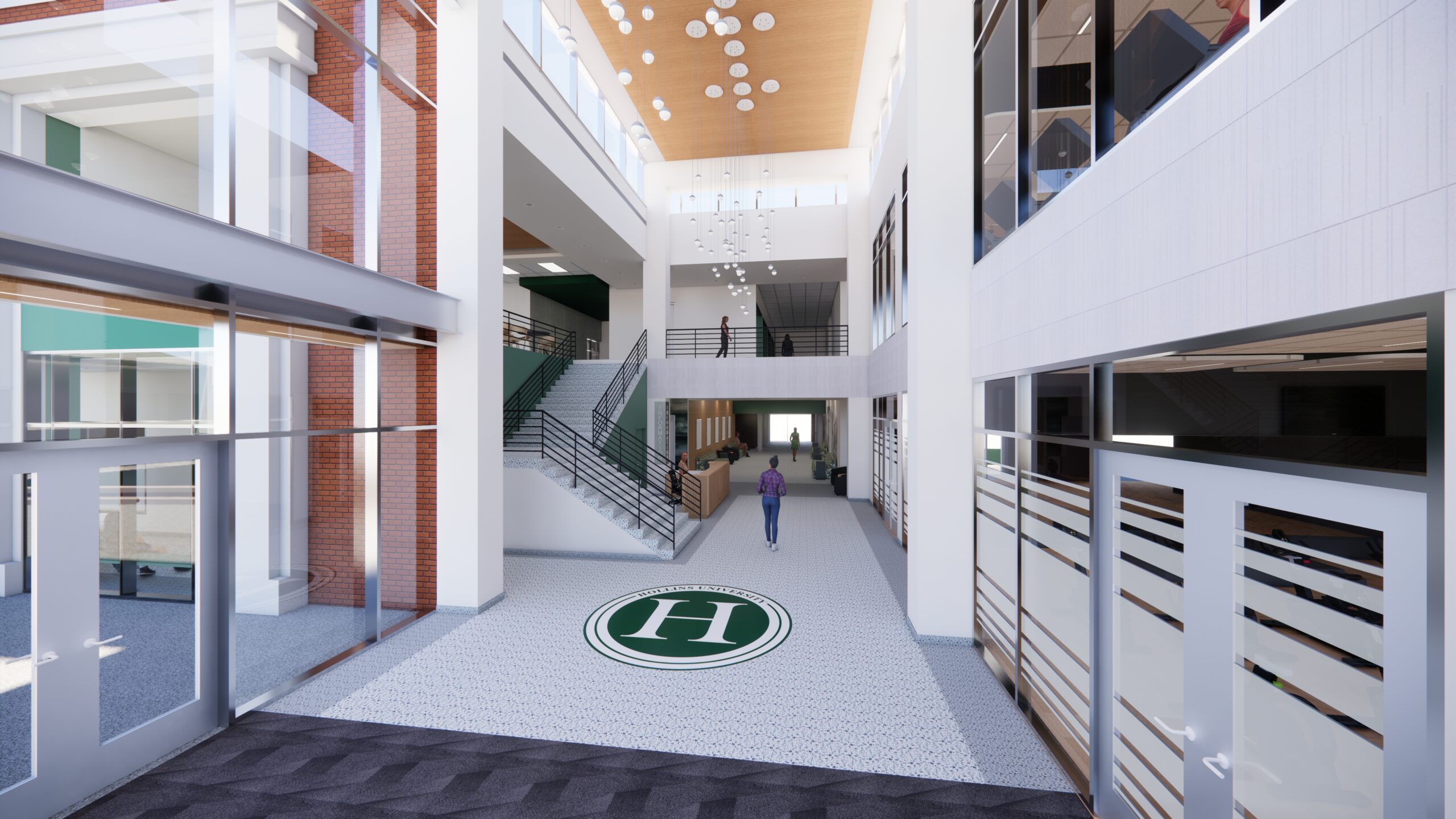 Rendering of the lobby of an upcoming student health center at Hollins University.