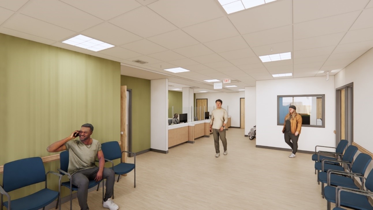 A rendering of people in a patient waiting room with green and white walls, blue chairs and ample lighting. There are two check-in desks along the left.